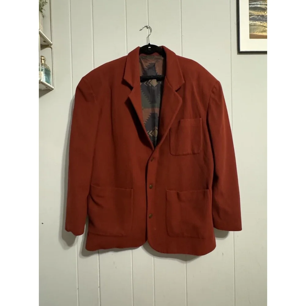 Vintage Cashmere Wool Burgundy Brick Red Blazer Jacket Aztec Silky Lining